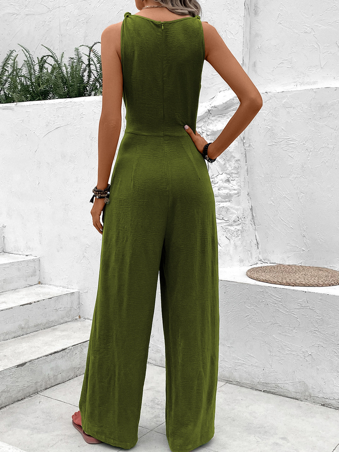 Green Jumpsuit With Waist Tie Up Detail