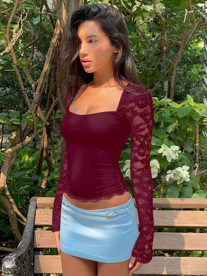 Wine Lace Bell Sleeve Fitted Top