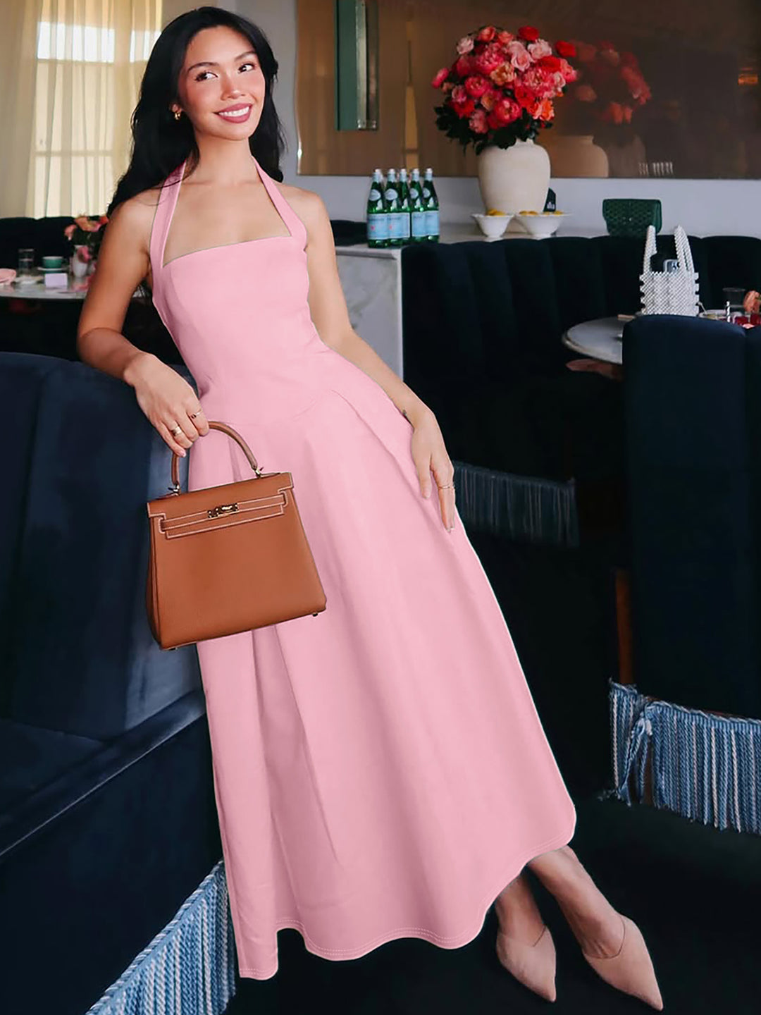 Pink Halter Neck Fit & Flare Dress