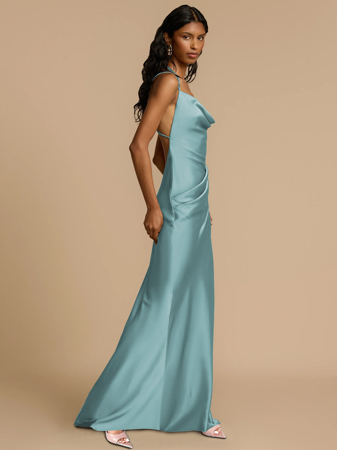 Aqua Backless Cowl Satin Dress
