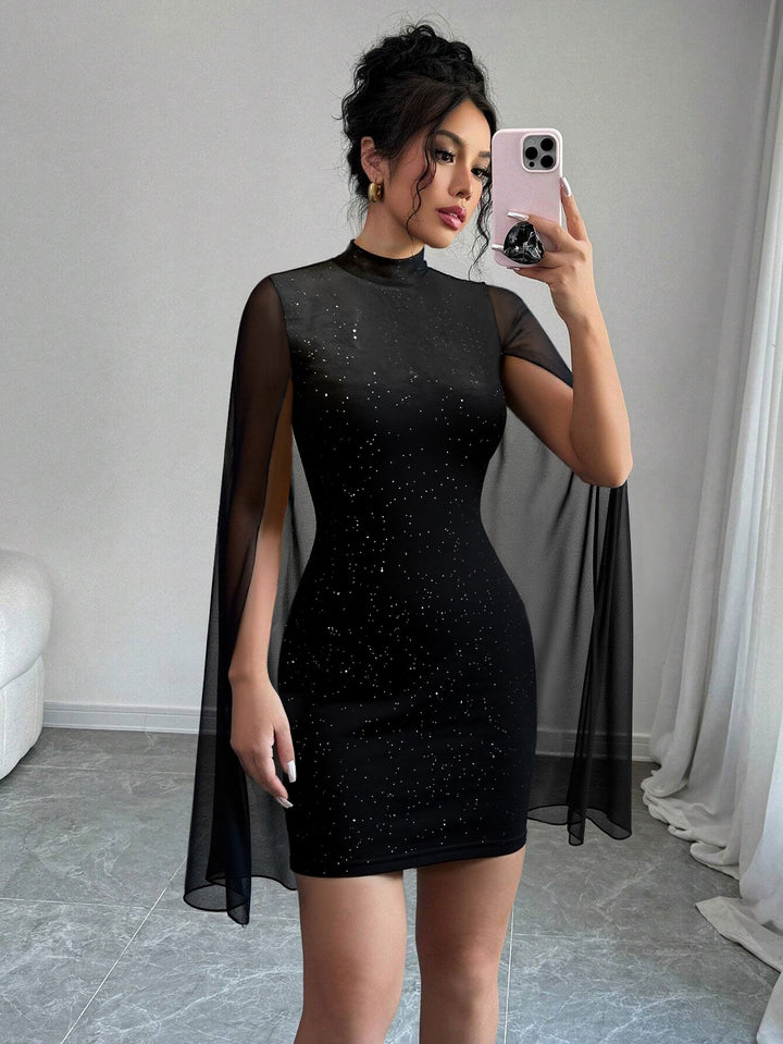 Black Cape Sleeve High Neck Shimmer Dress