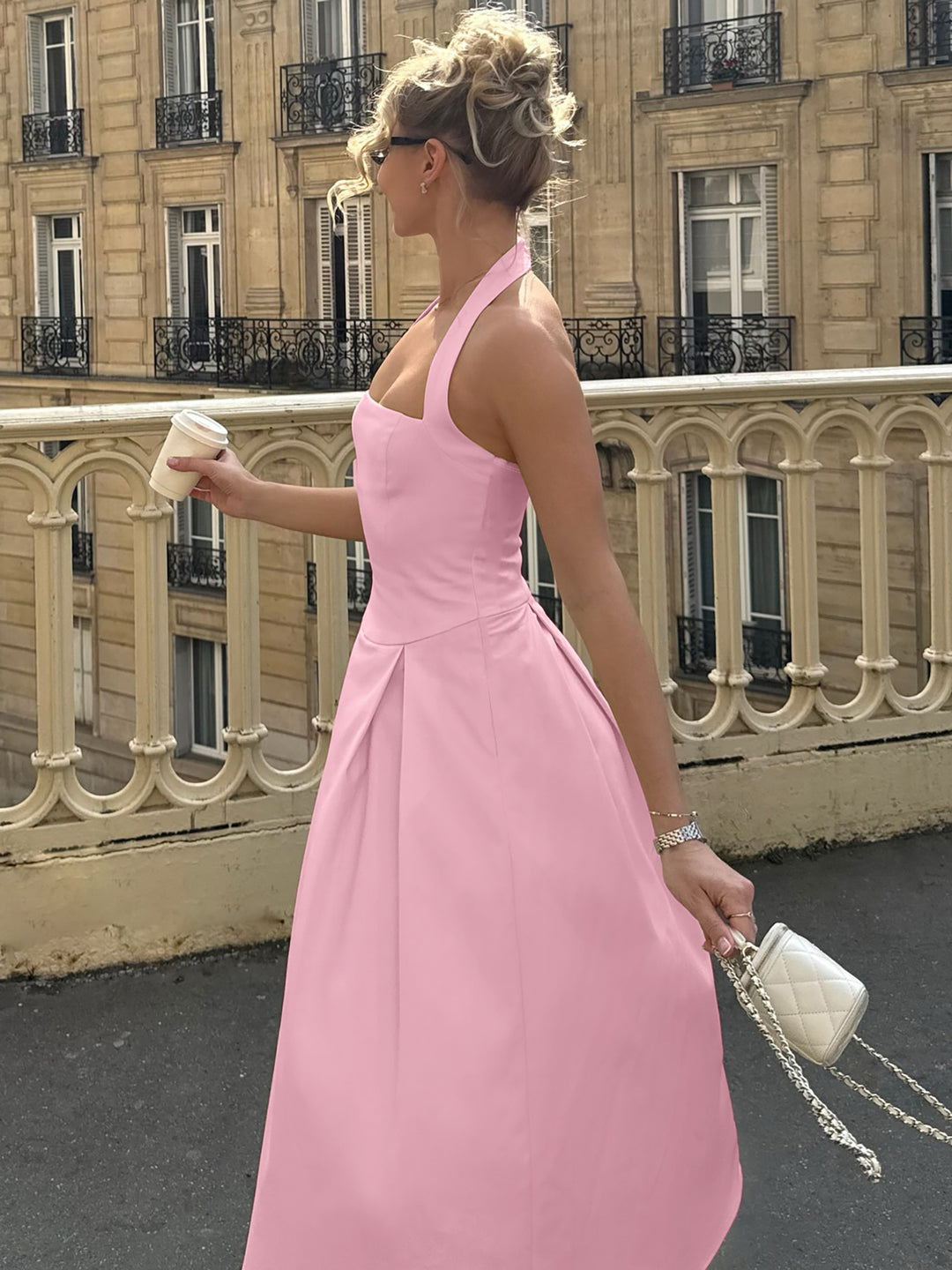 Pink Halter Neck Fit & Flare Dress