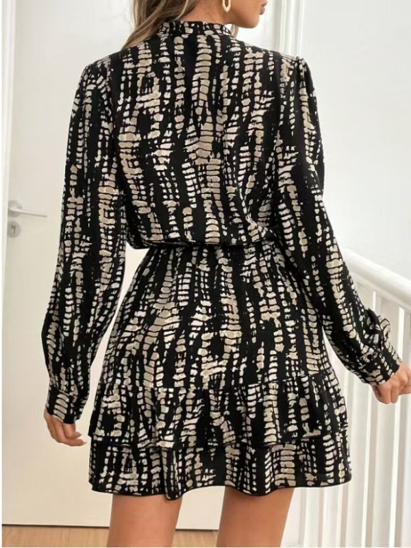 Black Printed Cinched At Waist Mini Dress