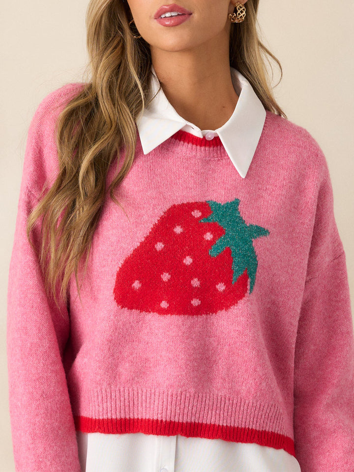 Pink Full Sleeves Printed Relaxed Sweater
