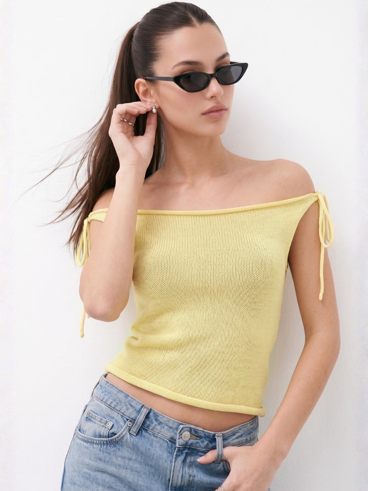 Yellow Off-Shoulder Sheer Fitted Top