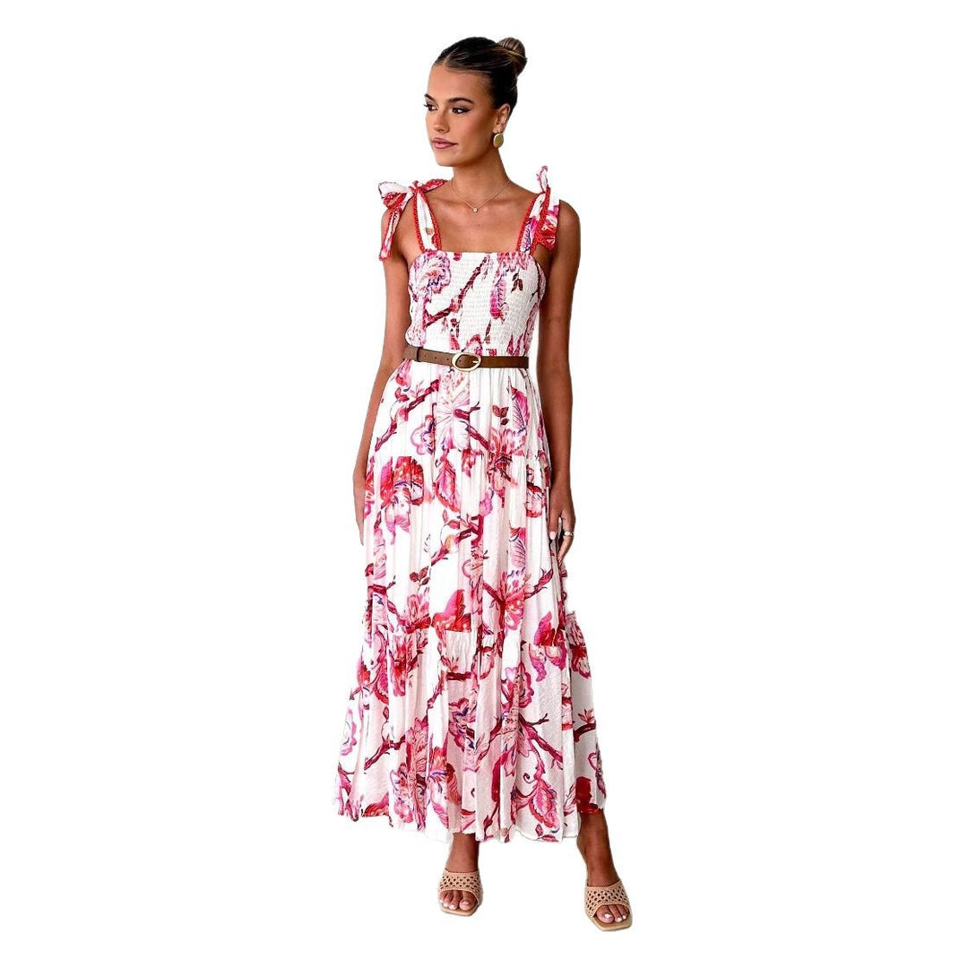 Red Bold Printed Tiered Tie Up Dress