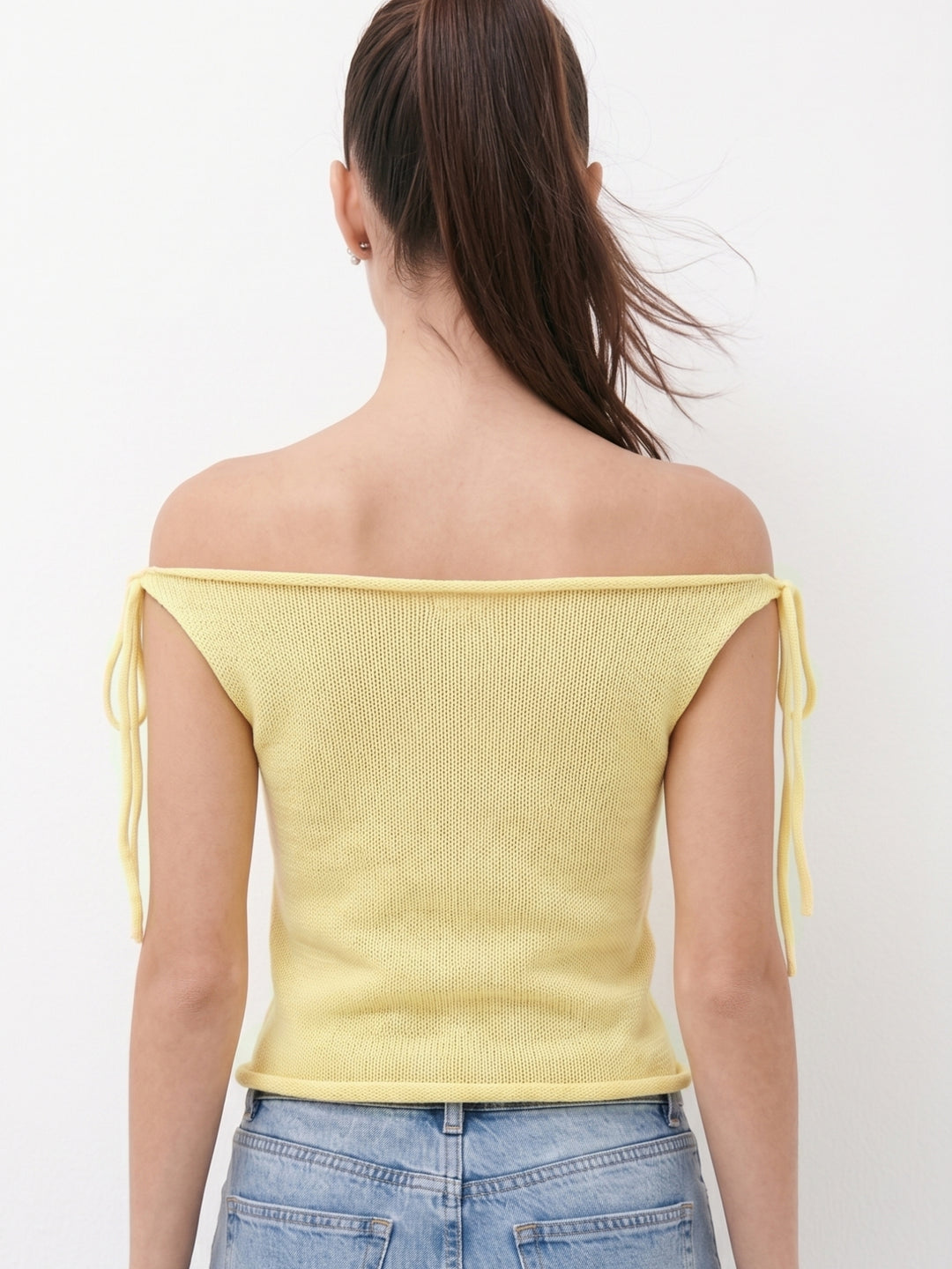 Yellow Off-Shoulder Sheer Fitted Top