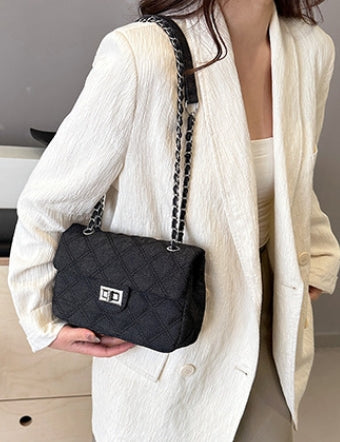 Black Quilted Denim Chain Flap Bag