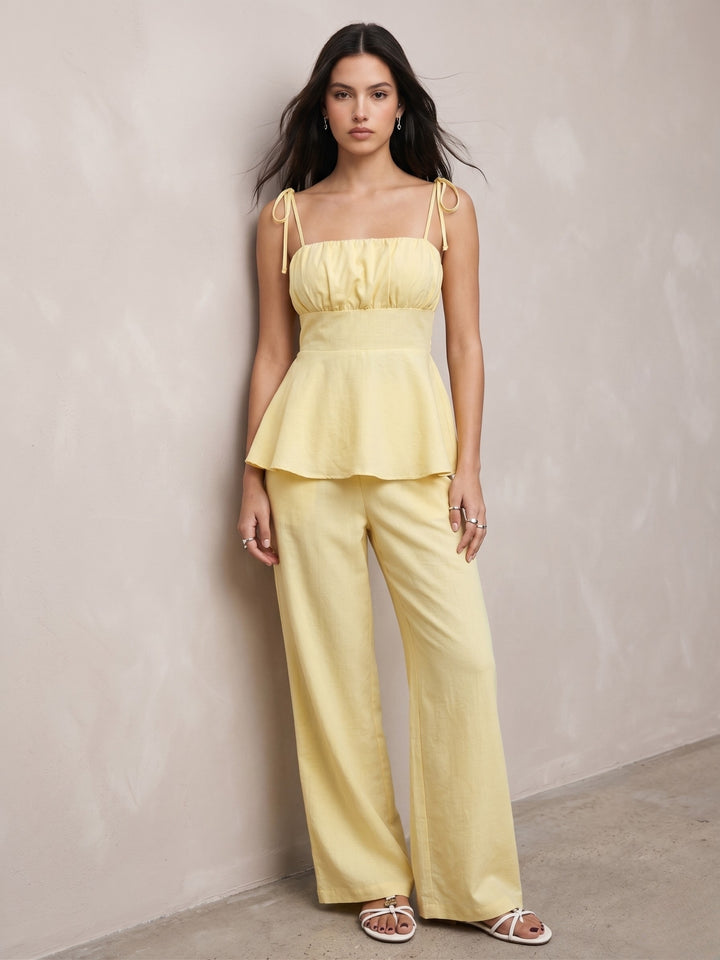 Yellow Strappy Peplum Top And Pants Co-Ord Set