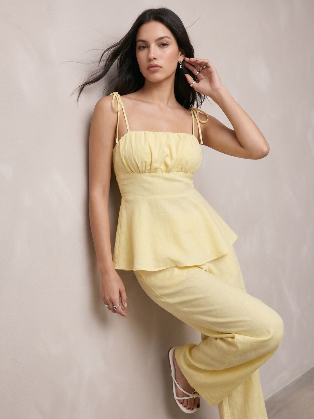 Yellow Strappy Peplum Top And Pants Co-Ord Set
