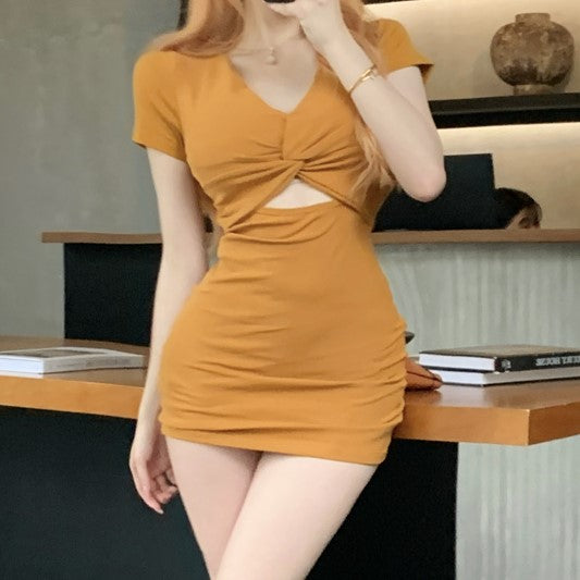 Yellow Cut Out Knot Twist Mini Dress