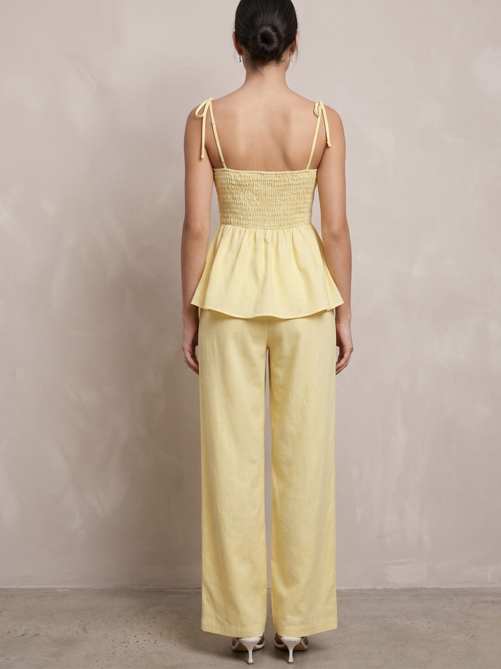 Yellow Strappy Peplum Top And Pants Co-Ord Set