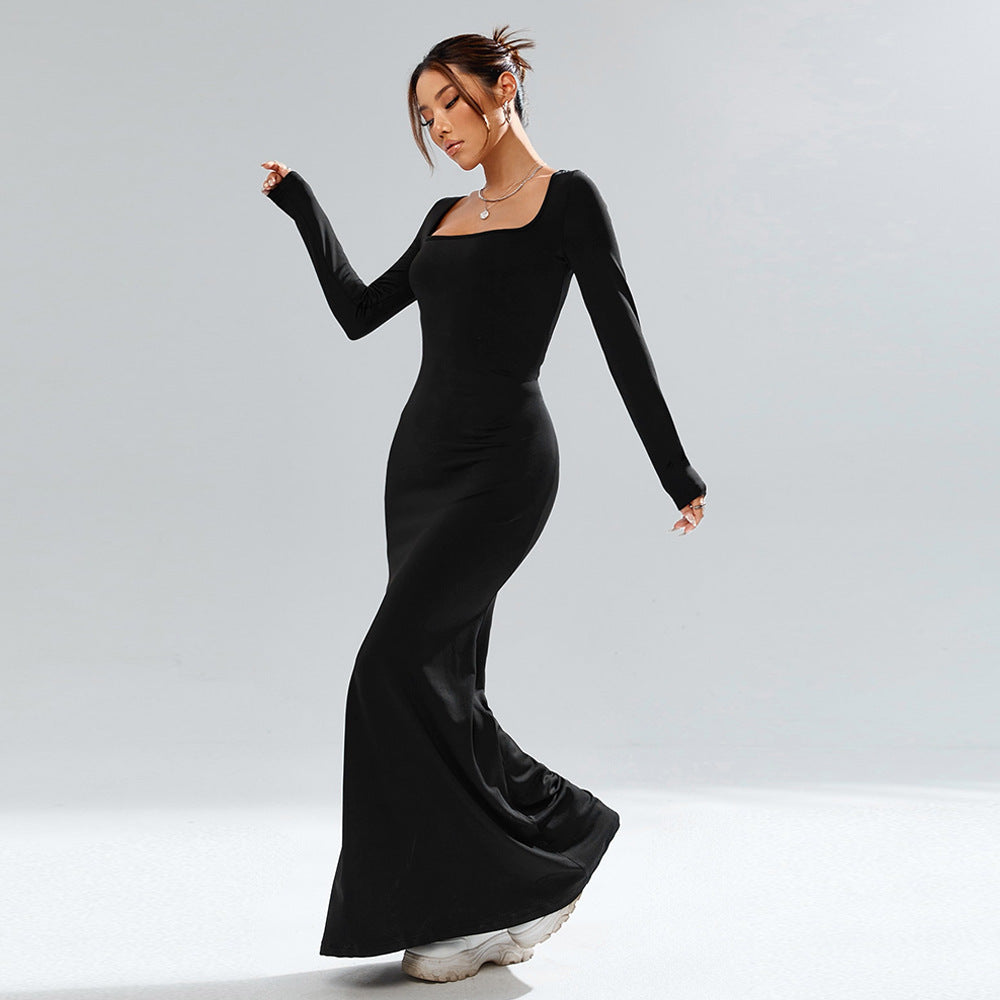 Black Square Neck Fishtail Dress