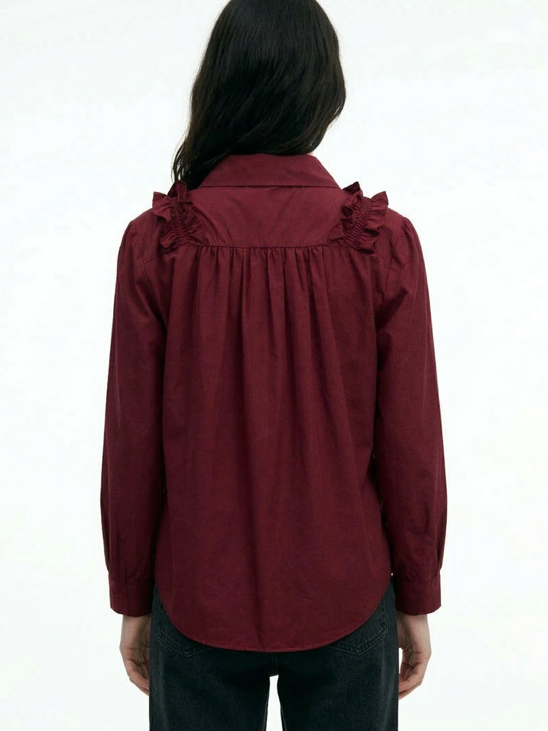Maroon Ruffle Detail Collared Top