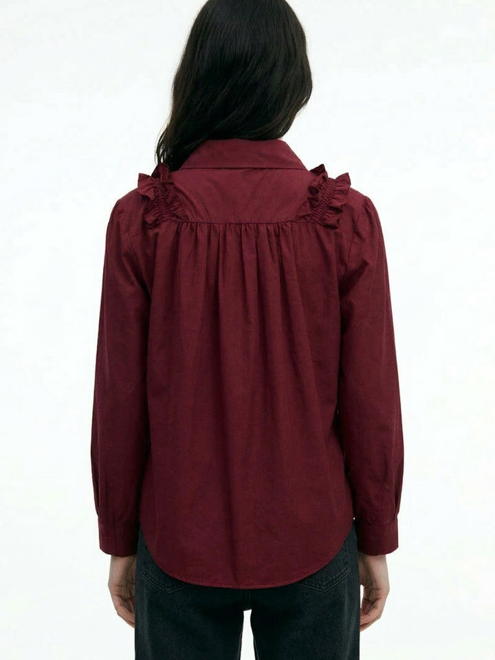 Maroon Ruffle Detail Collared Top