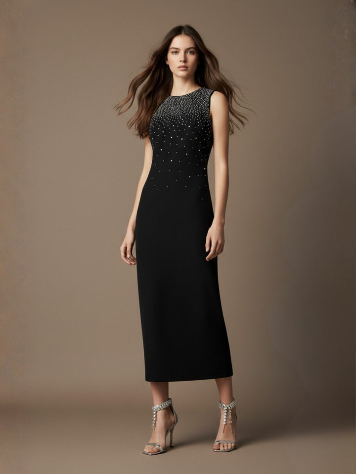 Black High Neck Studded Midi Dress