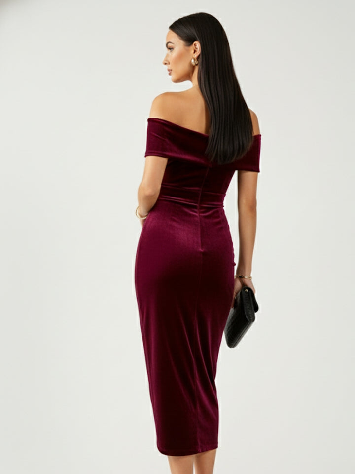 Burgundy Off-Shoulder Wrap Hem Velour Dress