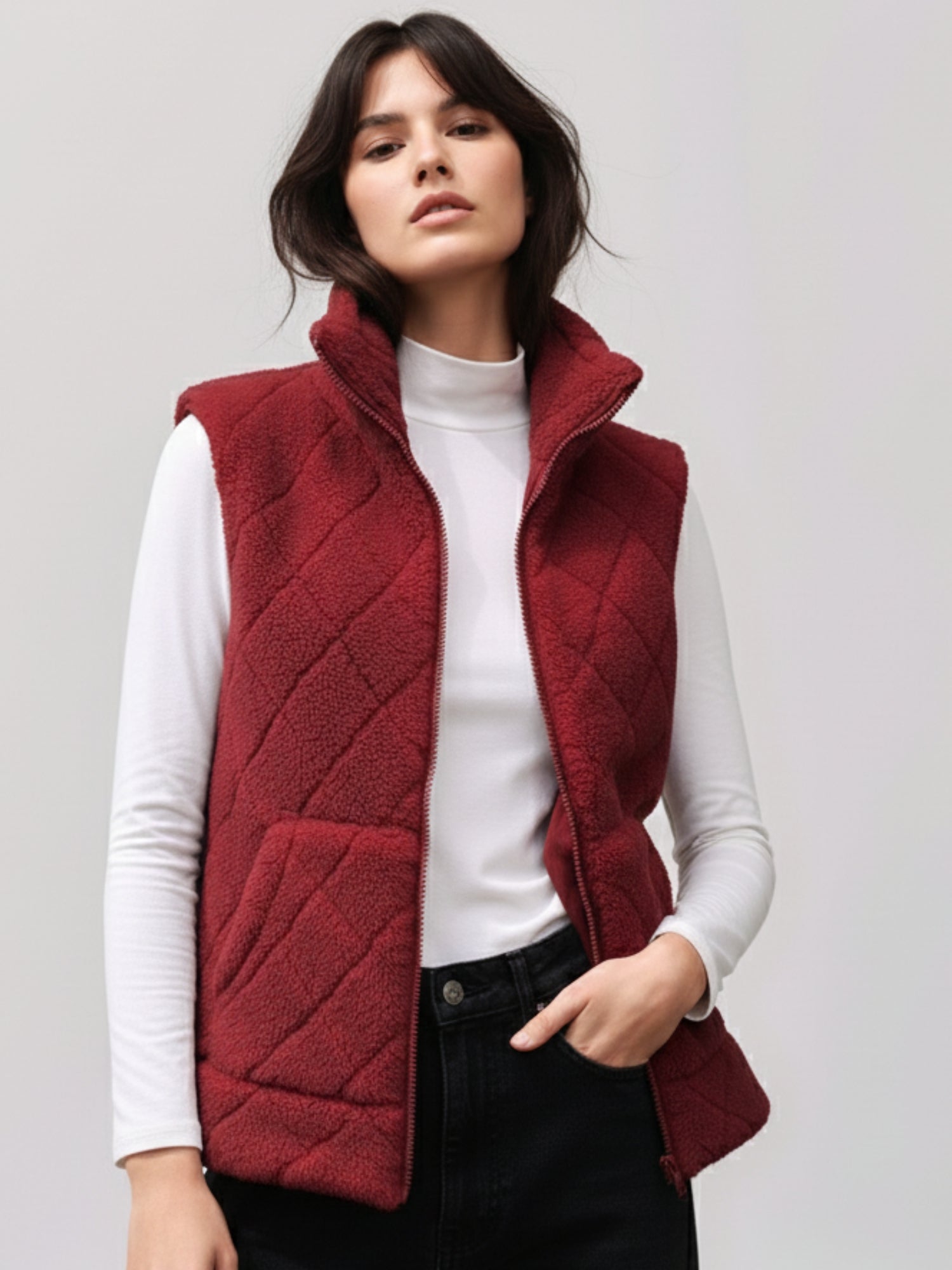 Maroon Sleeveless Zip Front Funnel Neck Jacket
