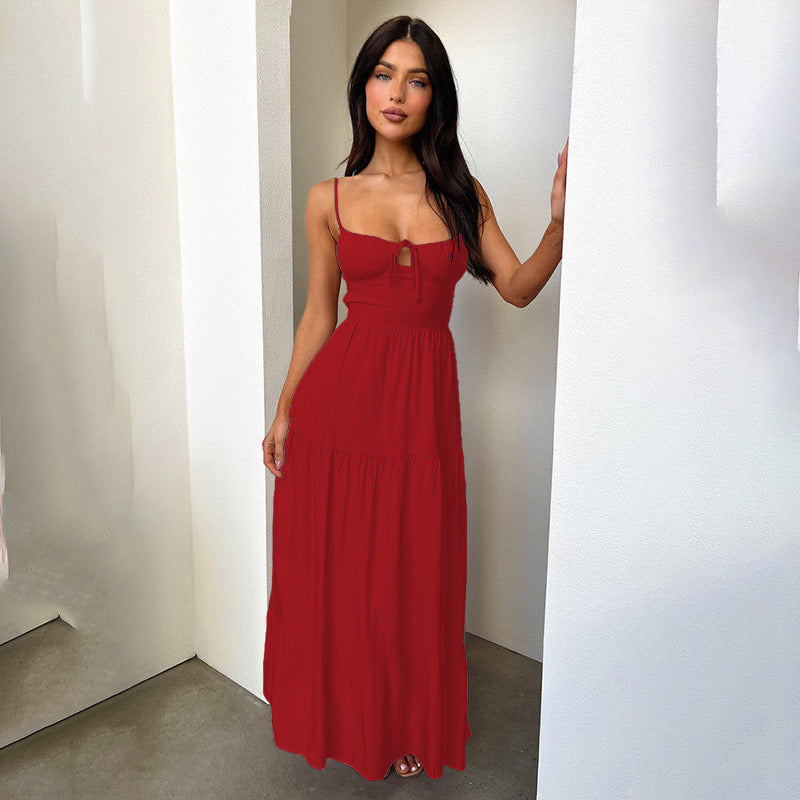 Red  Bust Gathering Back Tie Up Flared Dress