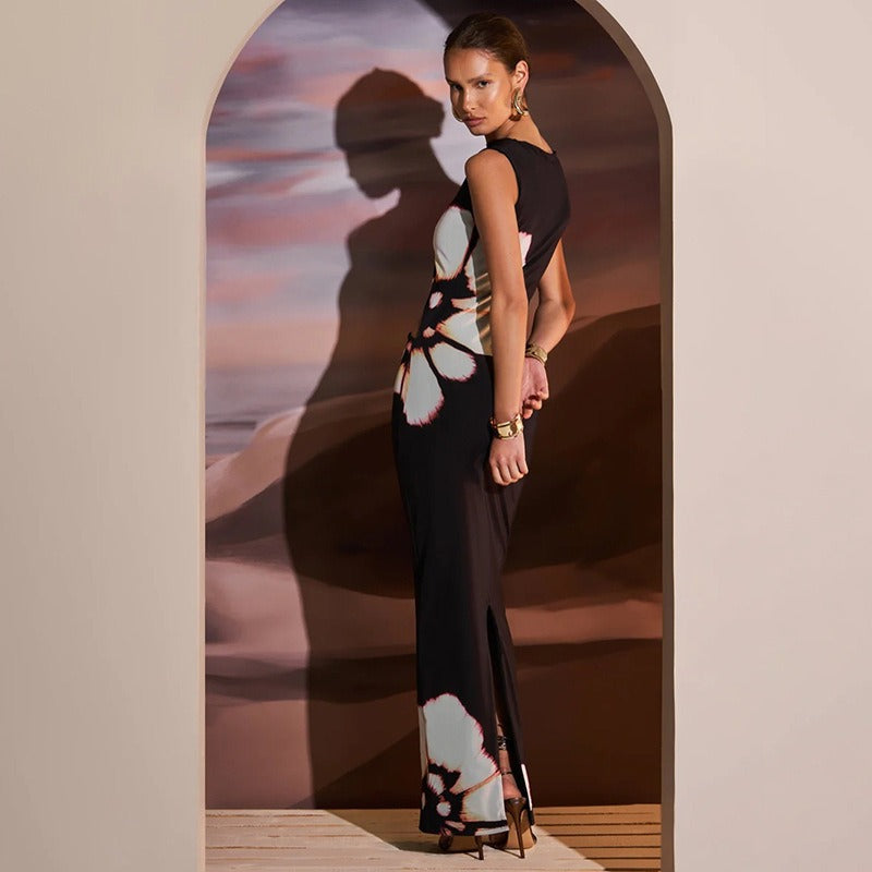 Black Front Cut Out Floral Print Slim Dress