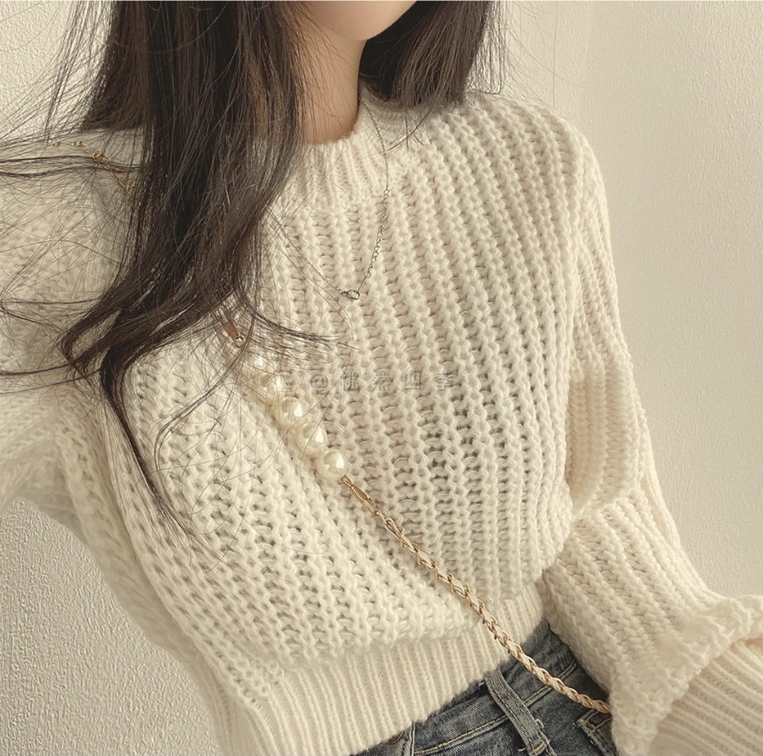 White Puff Sleeve High Neck Plain Chunky Sweater