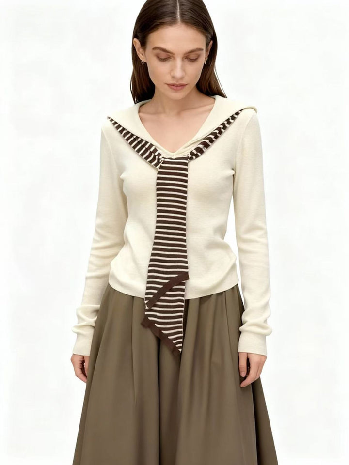 Cream Full Sleeve V Neck Tie Up Top