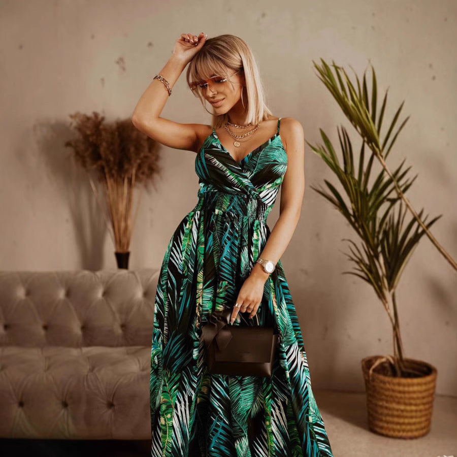 Green Printed Wrap Neck Maxi