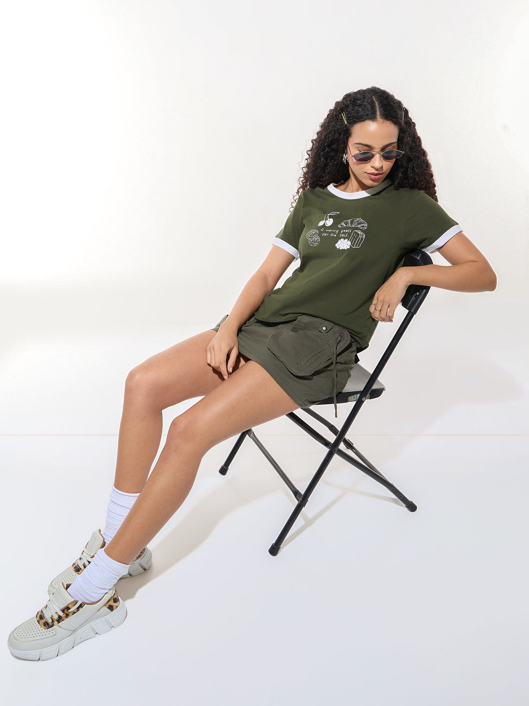 Green Graphic Printed Contrast Hem T-Shirt
