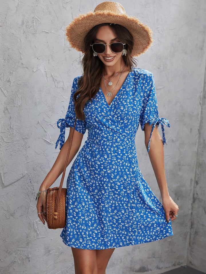 Blue V Neck Fit And Flare Ditsy Print Mini Dress
