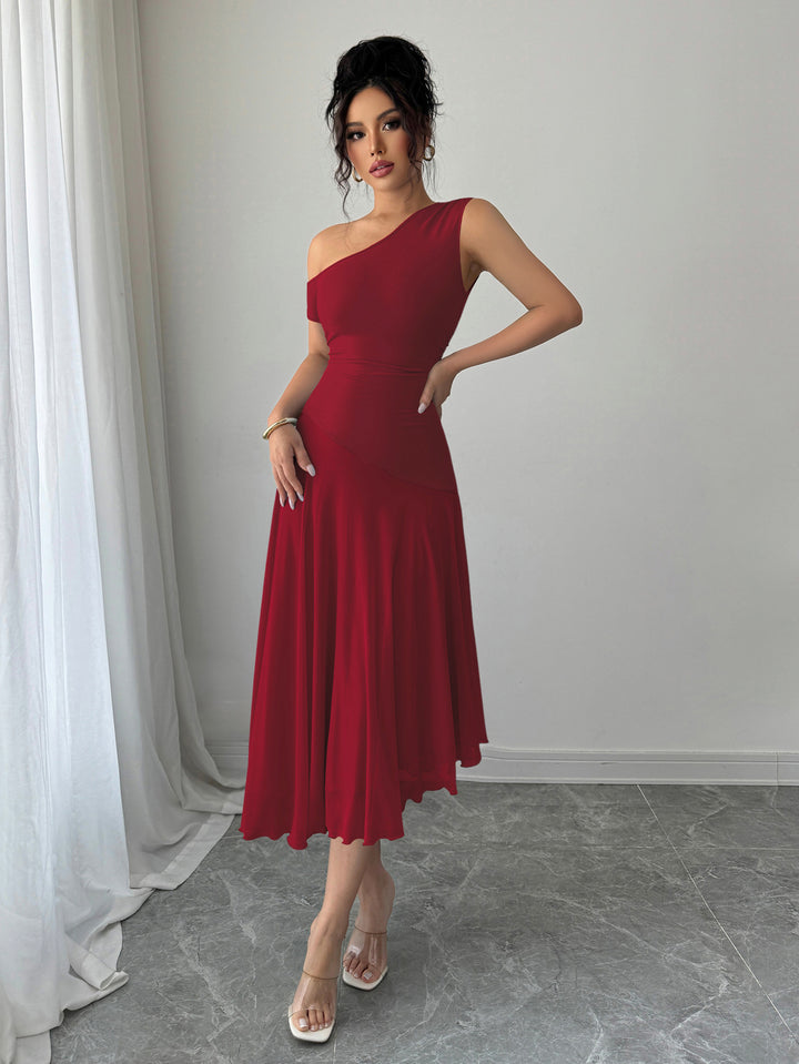 Red  One Shoulder Sleeveless Pleated Dress