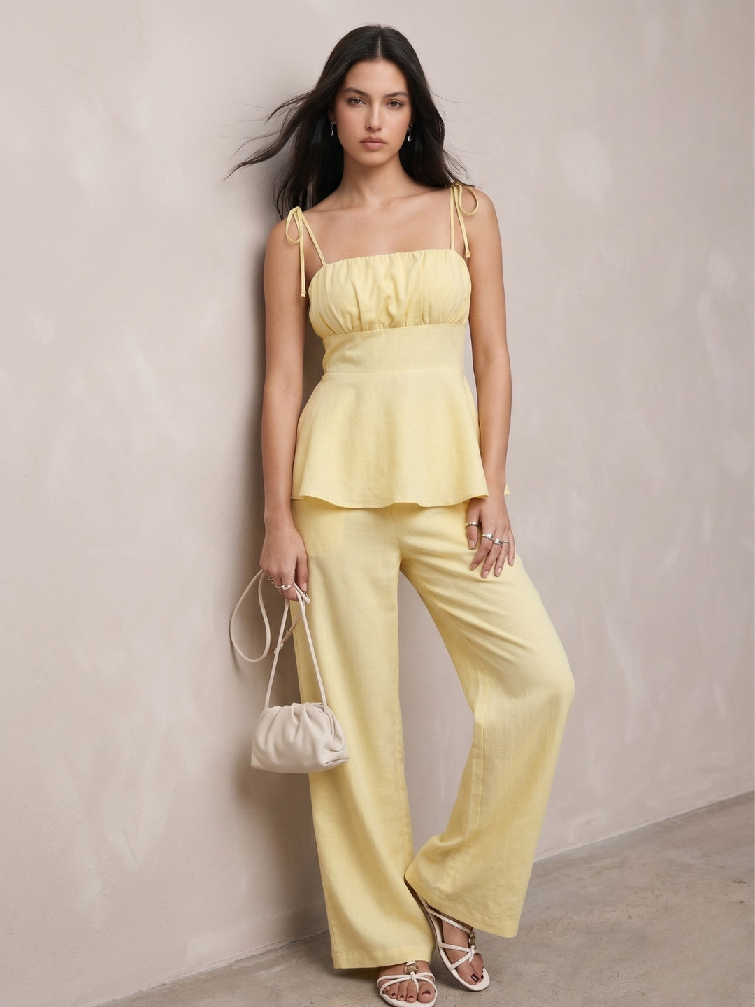 Yellow Strappy Peplum Top And Pants Co-Ord Set