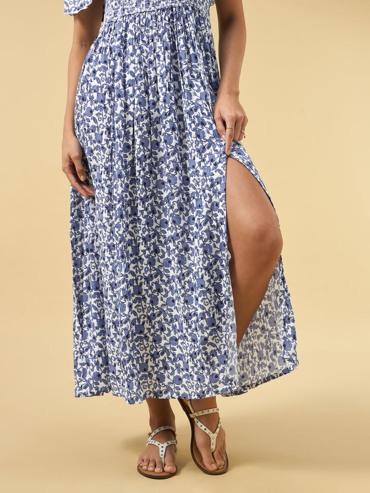 Blue Off Shoulder High Slit Dress