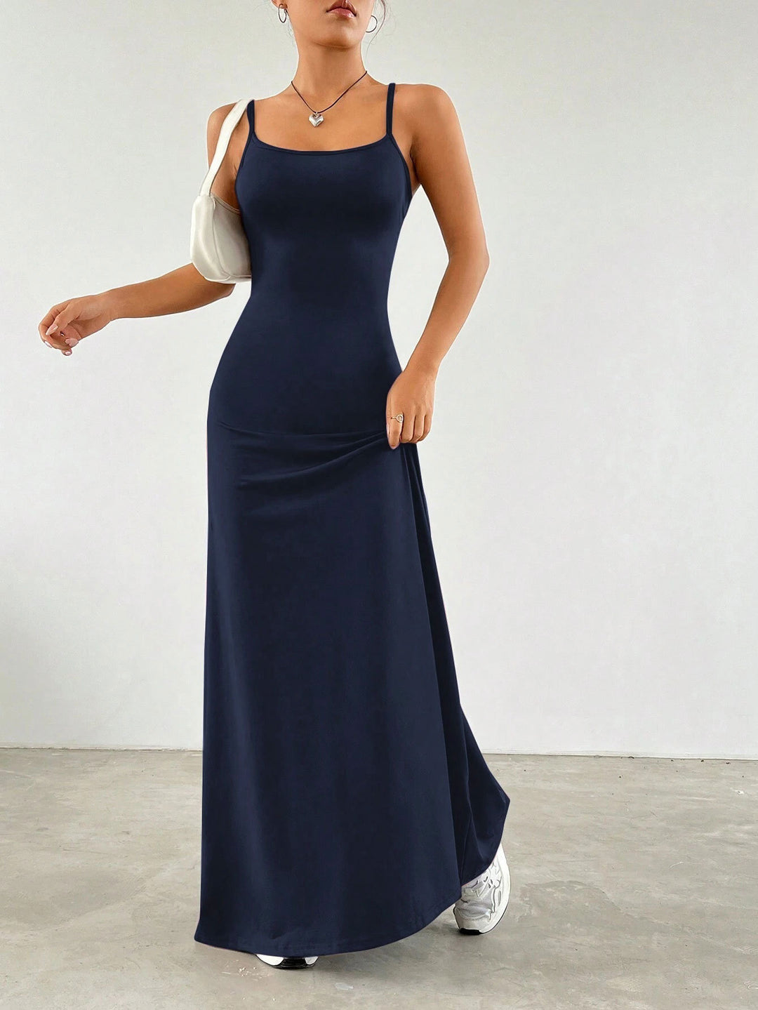 Navy Blue Shoulder Strap Flared Dress