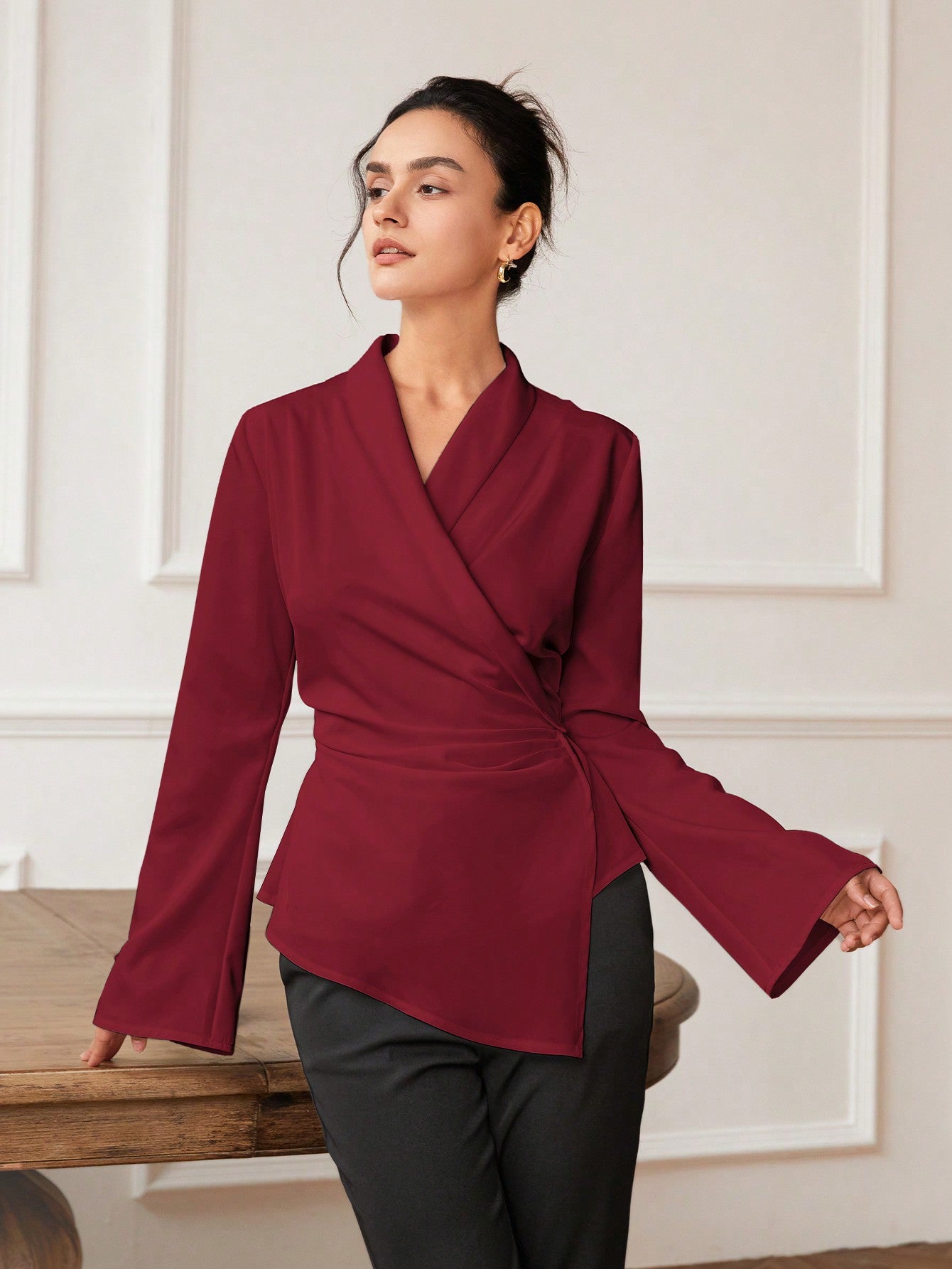 Maroon Bell Sleeve Wrapped Detail Top