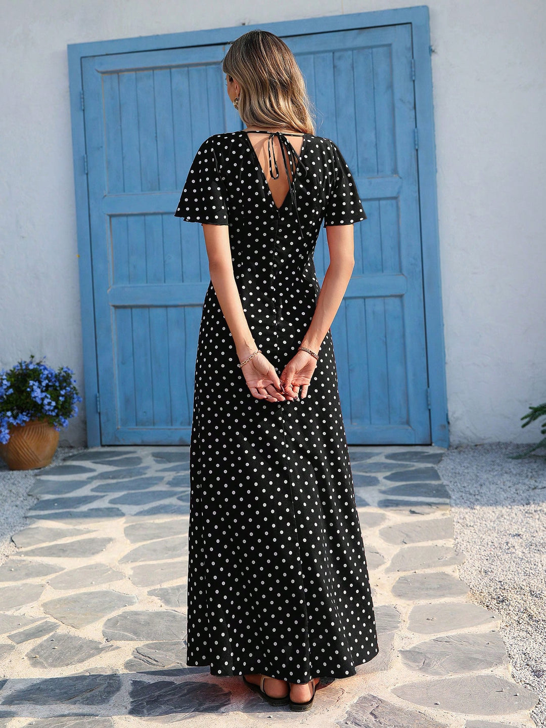 Black V Neck Flutter Sleeves Maxi