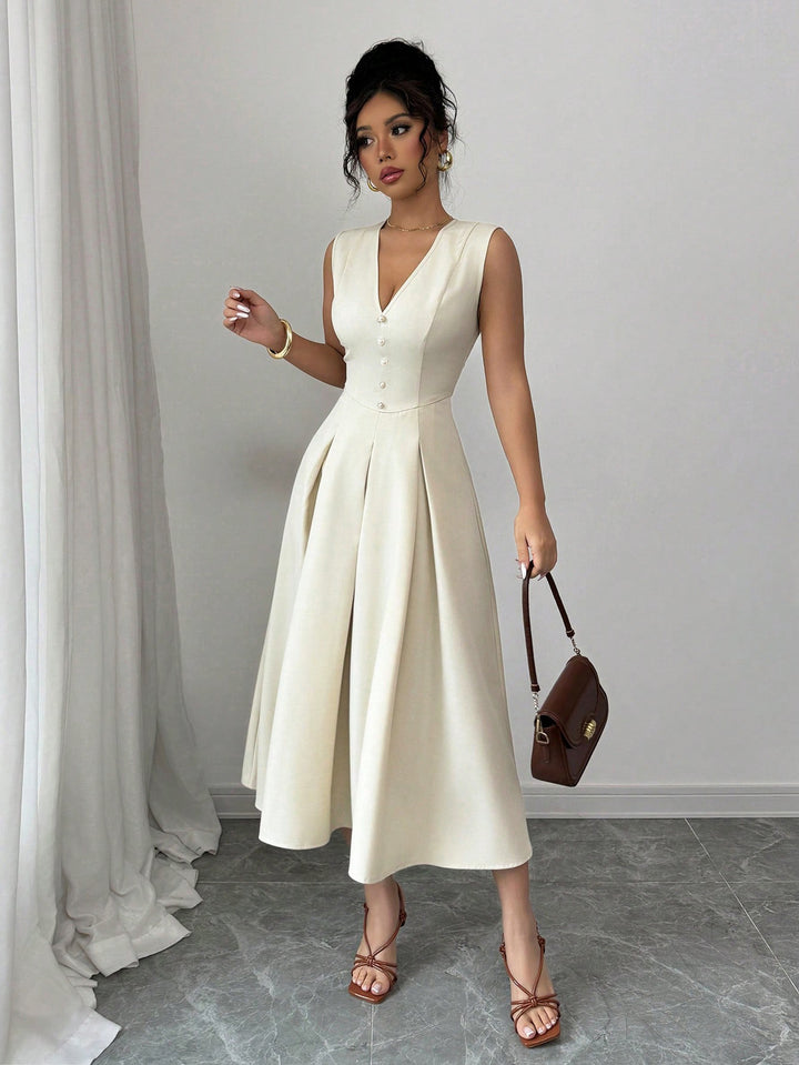 Off White Sleeveless V-Neck Dress