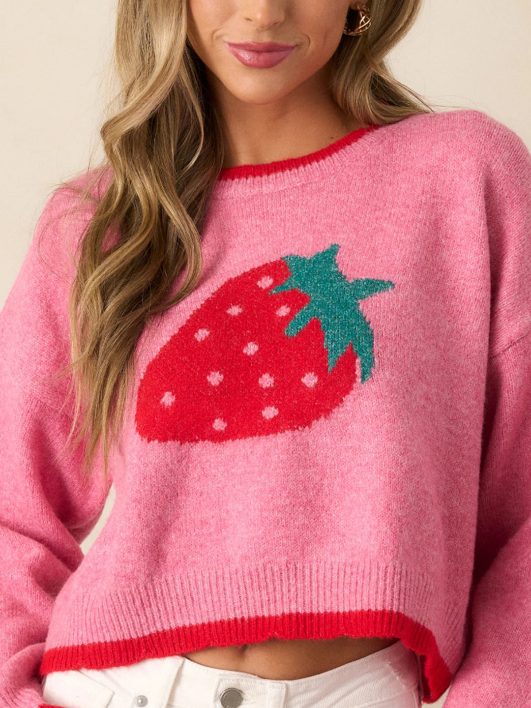 Pink Full Sleeves Printed Relaxed Sweater