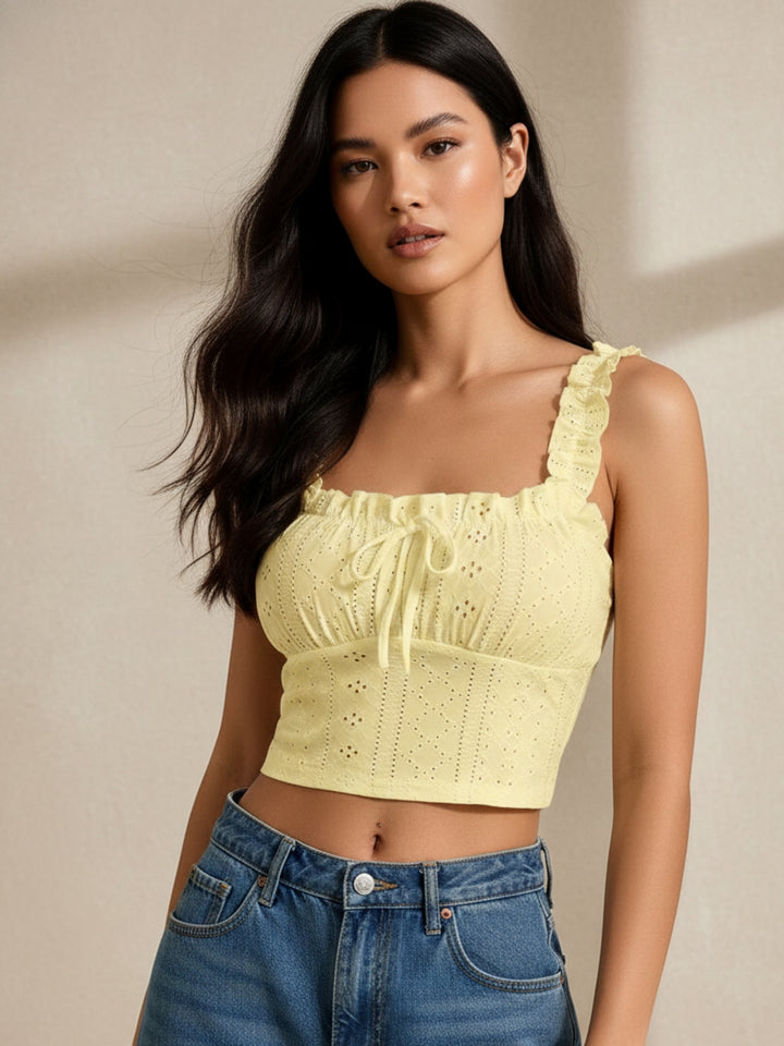 Yellow Ruffle Shoulder Schiffli Top