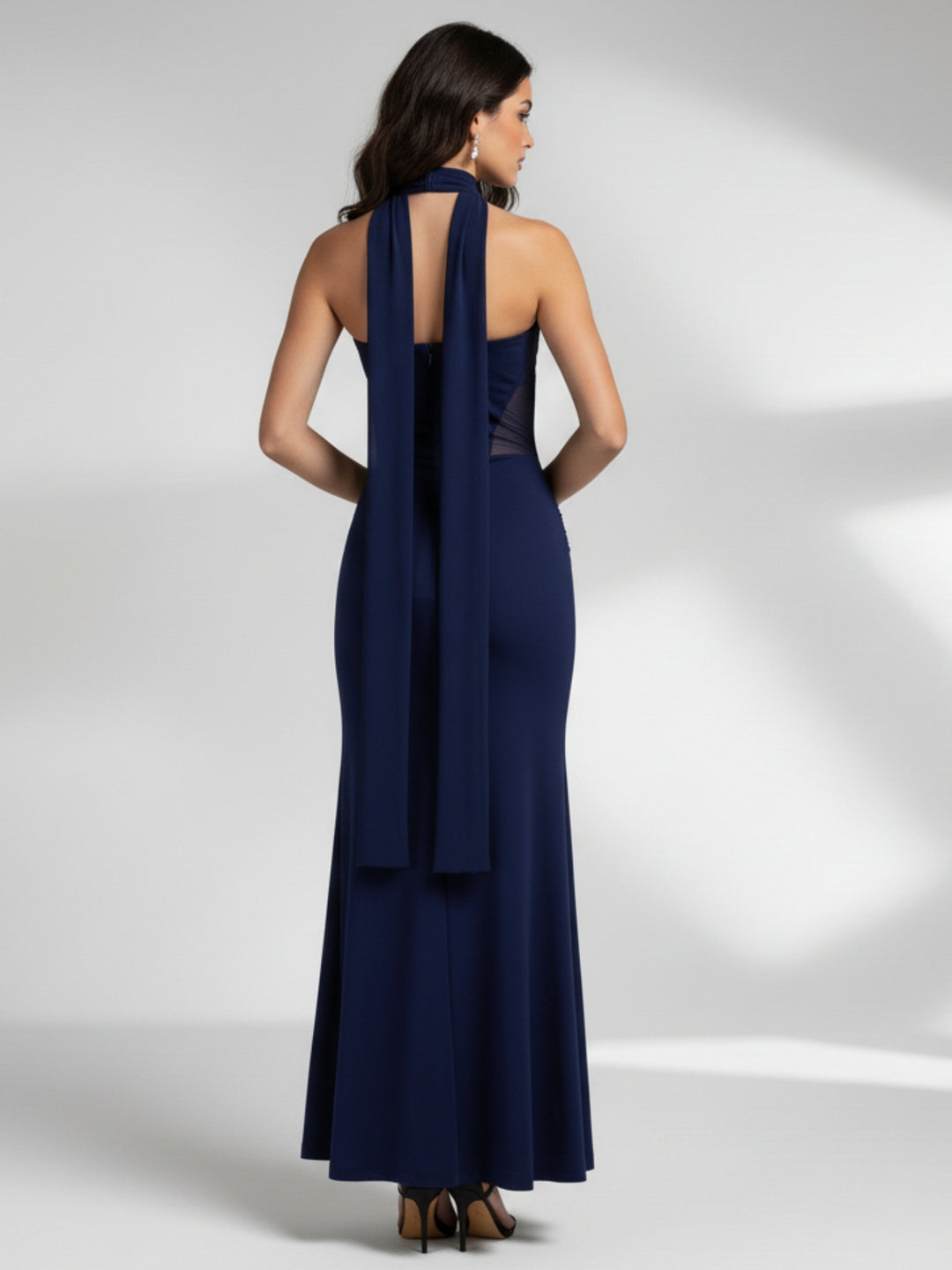 Navy blue Corset-style dress with neck scarf detail