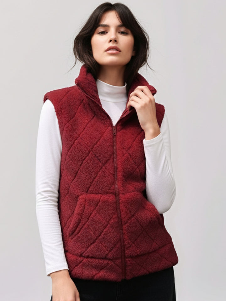 Maroon Sleeveless Zip Front Funnel Neck Jacket