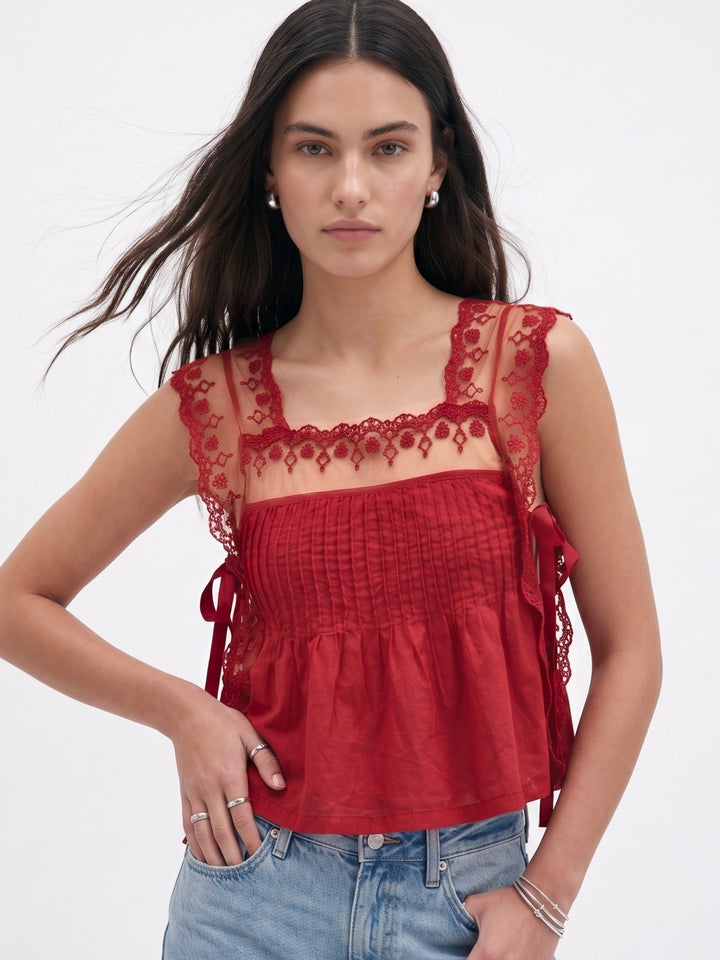 Red Lace Detail Side Tie-Up Top
