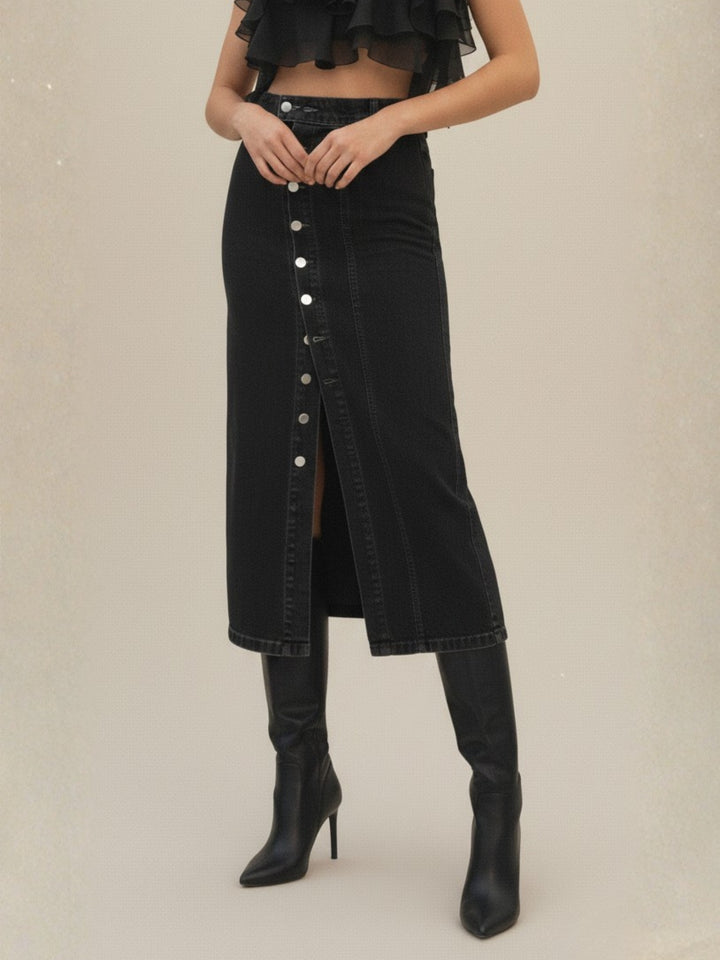 Black High Waist Front Button Slit Skirt