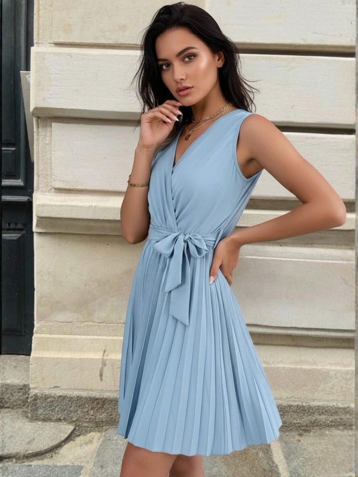 Light Blue Waist Tie-Up Pleated Dress