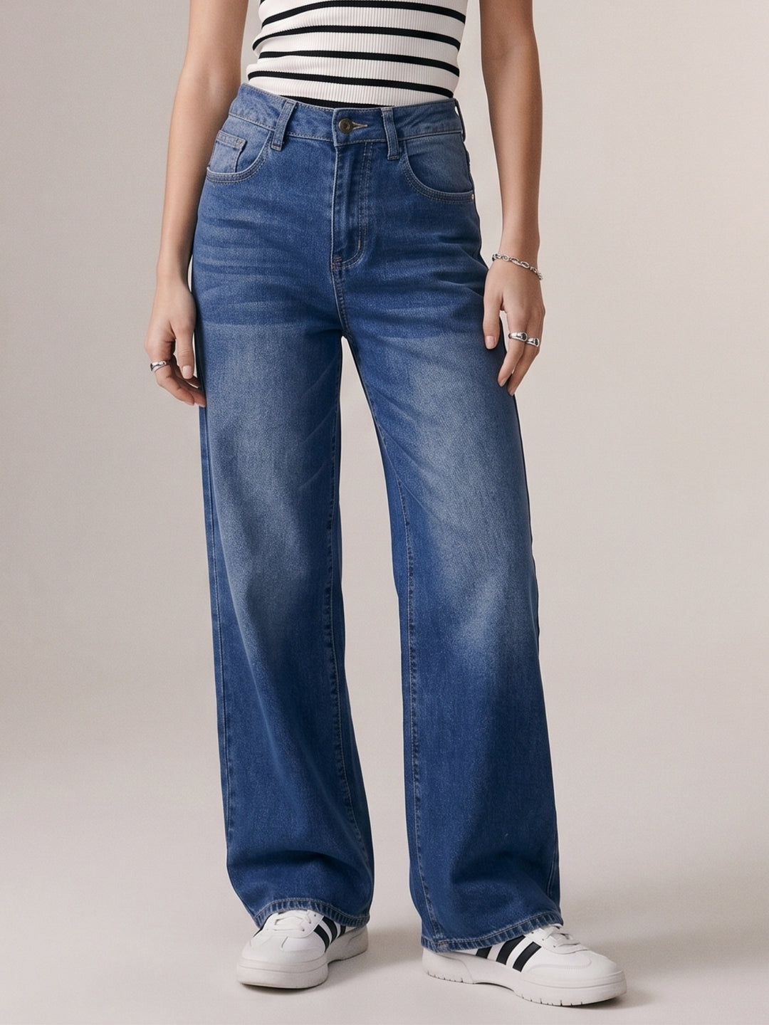 Blue Clean Washed Folded Hem Jeans