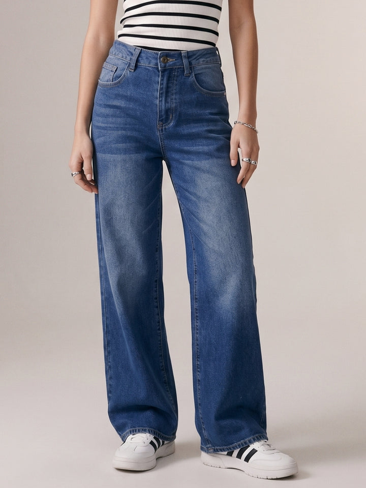 Blue Clean Washed Folded Hem Jeans