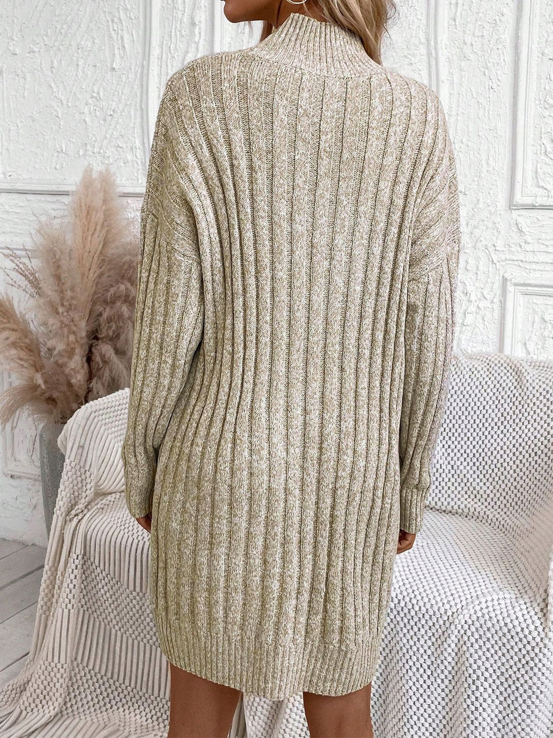 Beige Full Sleeves High Neck Ribbed Dress