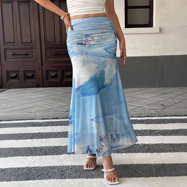 Blue Ruched Fishtail Printed Skirt