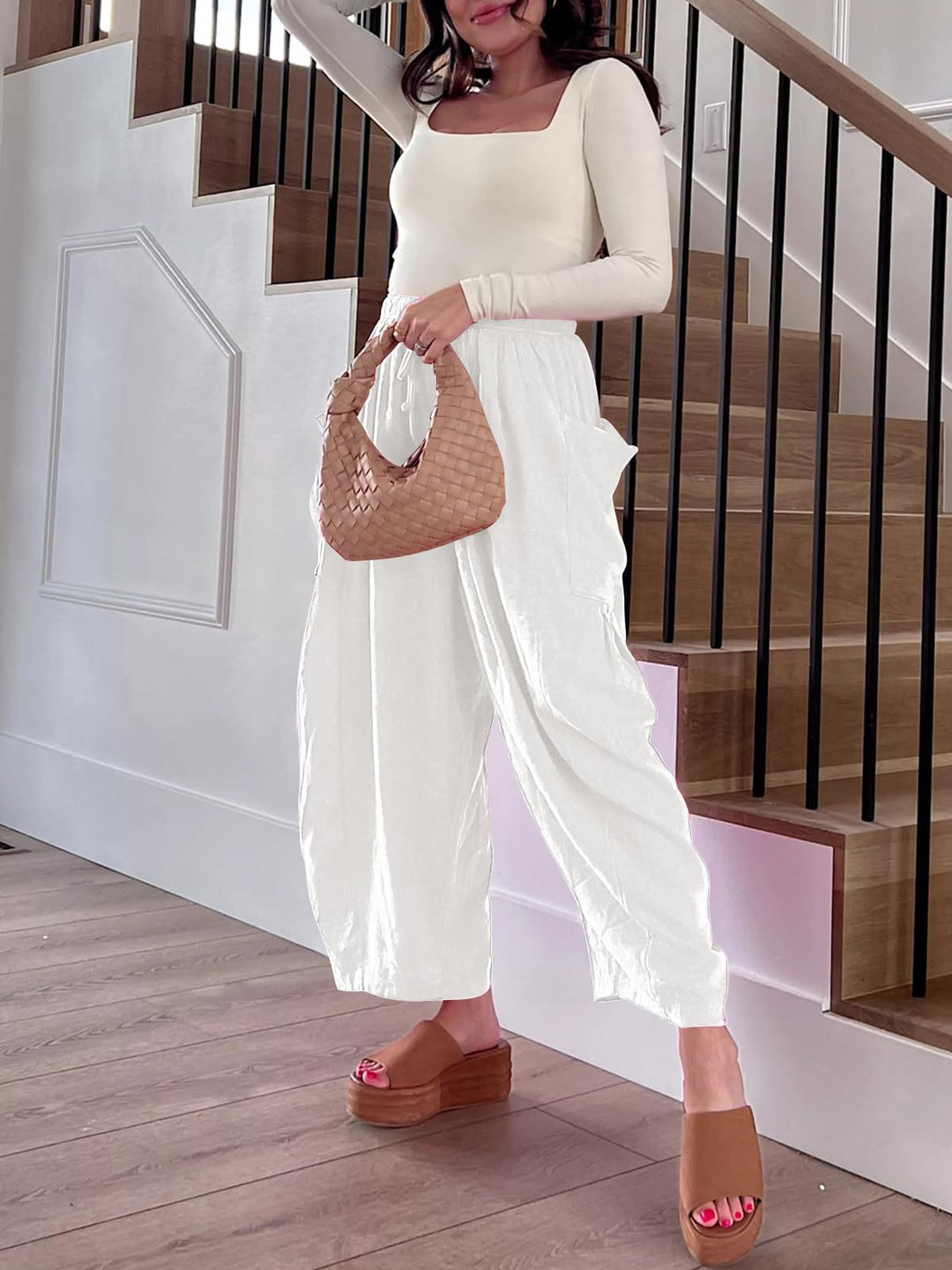 White Wide Leg Casual Cargo Pants