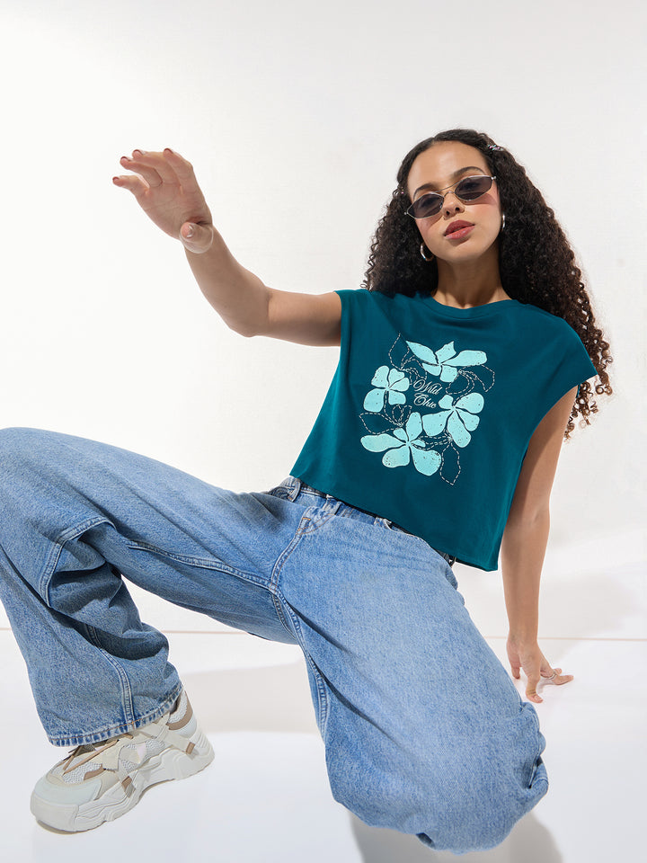 Teal Sleeveless Crop Boxy Printed Tees