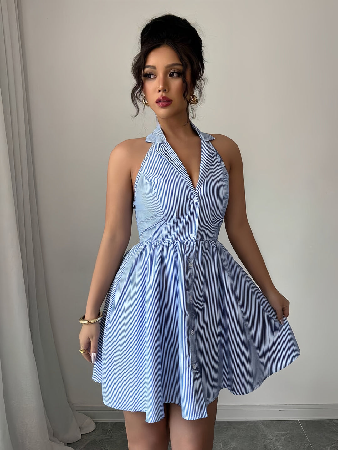 Blue Collared Front Buttoned Dress